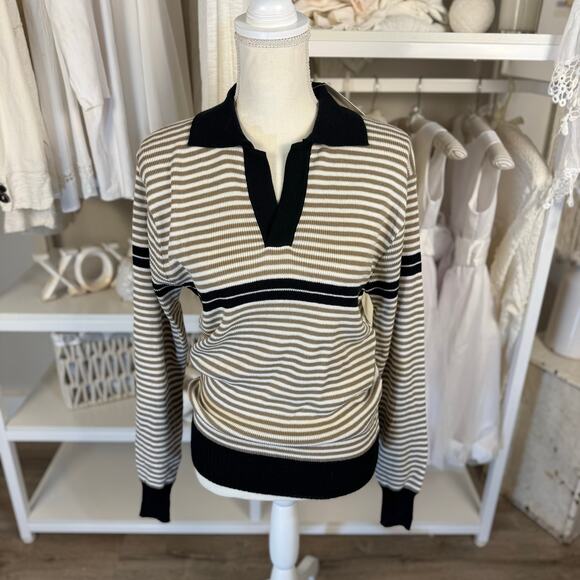 Jordan Christopher Women's Size L Tan Striped Collared Pullover Sweater #3531 - Picture 1 of 9